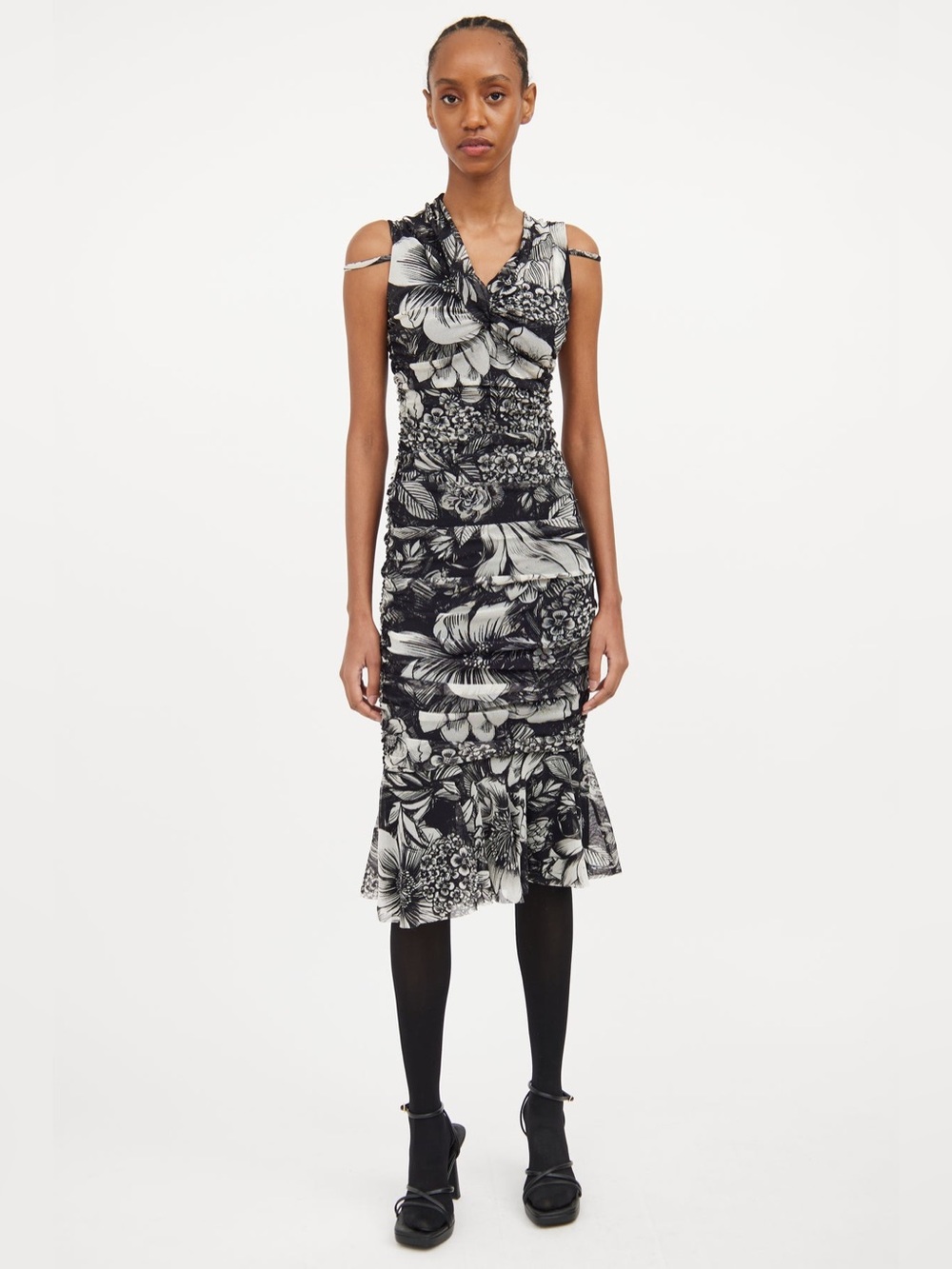 Fuzzi dress White Floral V-Neck Ruched Midi Dress